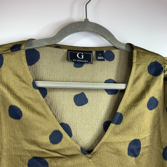 G by Giuliana V-Neck Puff Long Sleeve Blouse Size Small Olive & Black Dot NWT - Picture 2 of 11